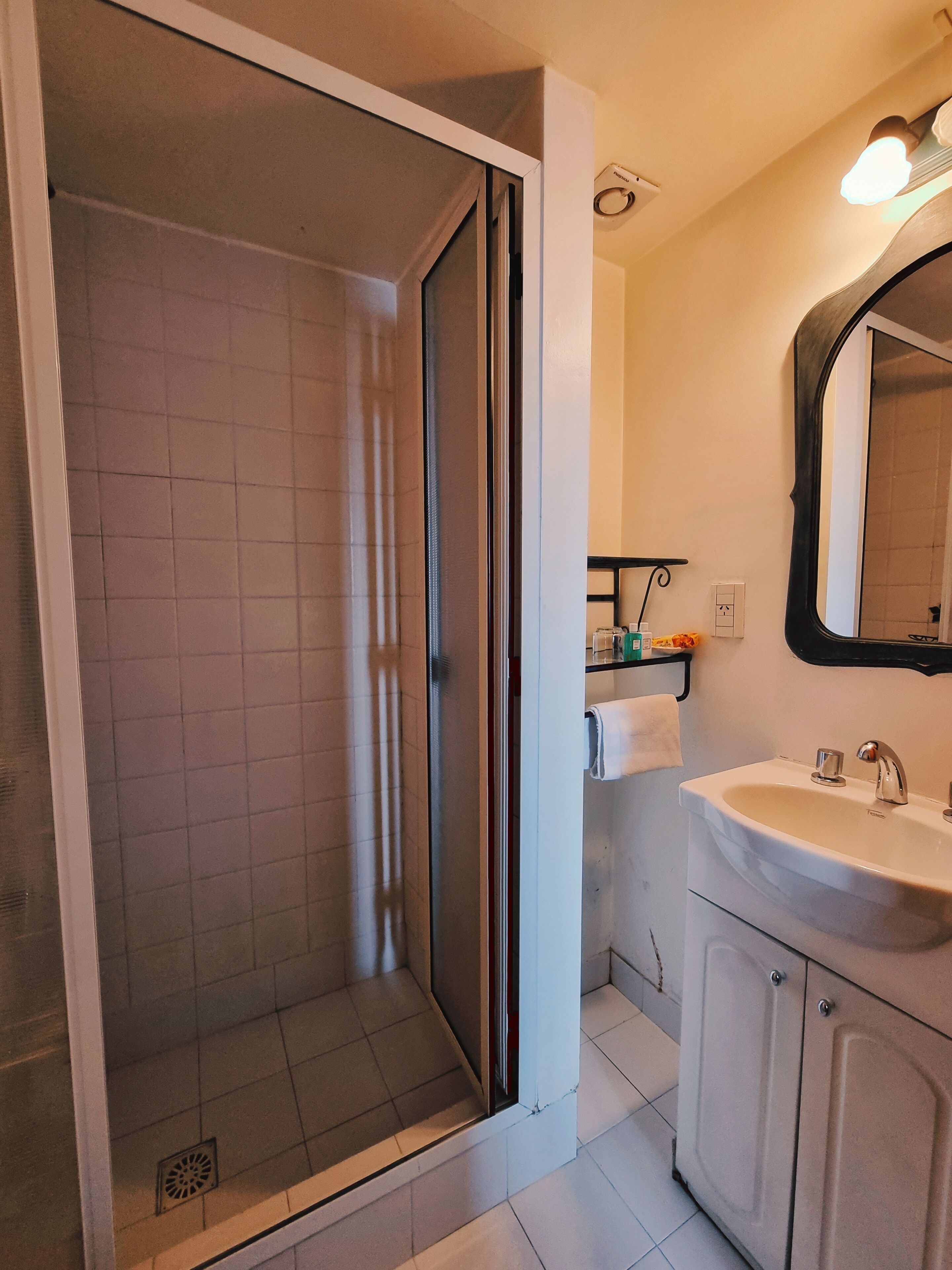 A bathroom with a shower, sink, and mirror.