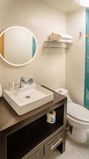 Douche, séchoir à cheveux, serviettes fournies, savon