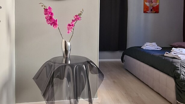 A modern bedroom with a bed, a small table with a vase of flowers, and a wall-mounted air conditioning unit. - Independent apartment in the heart of the city (Bologna)