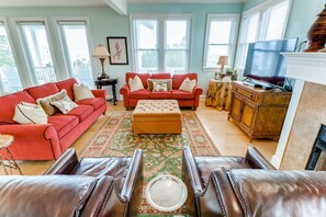 TV, caminetto, libri, impianto stereo