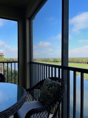 A room with a large skylight, a hammock, and a view of a green landscape.