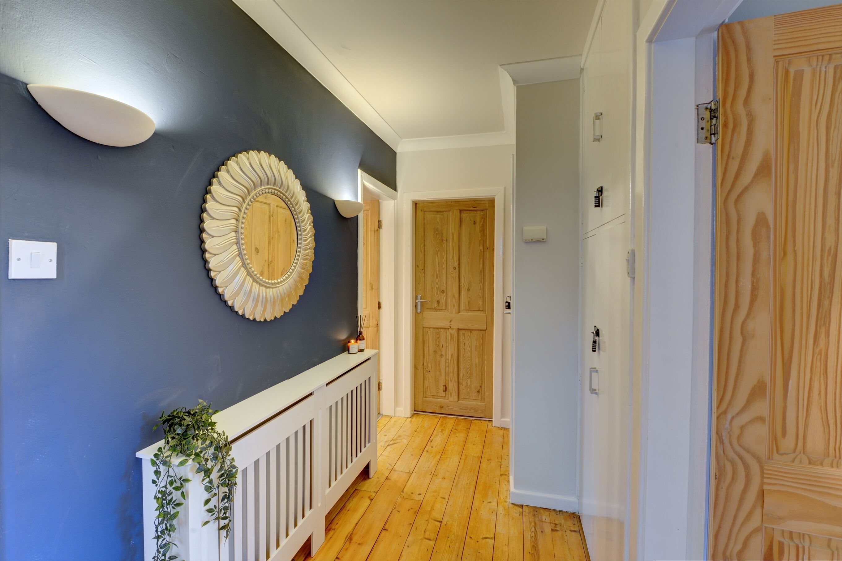 A hallway with a dark blue wall, a decorative mirror, and a wooden door.