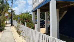 Un espacio al aire libre techado con un sendero de concreto, cerca blanca y una estructura de techo azul.