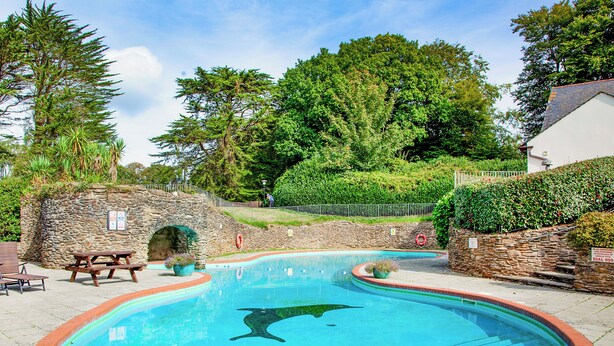 A swimming pool with a dolphin mural, surrounded by stone walls and greenery. - 2 bedroom accommodation in Modbury (Modbury)