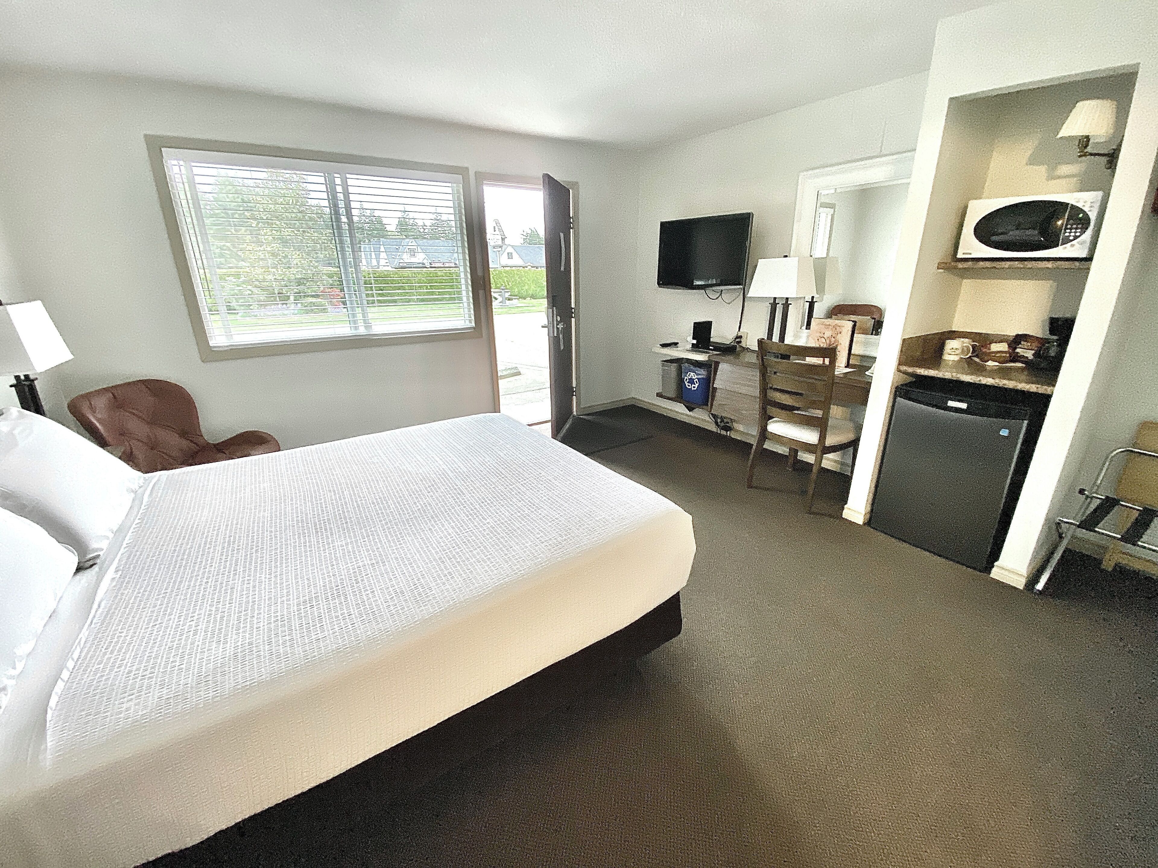 Habitación de hotel con cama, escritorio, televisión, microondas y ventana con vista a follaje.