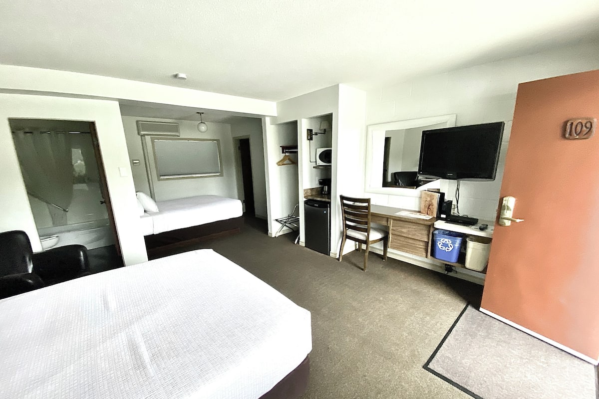 A hotel room with a bed, a desk, a chair, a television, and a microwave.