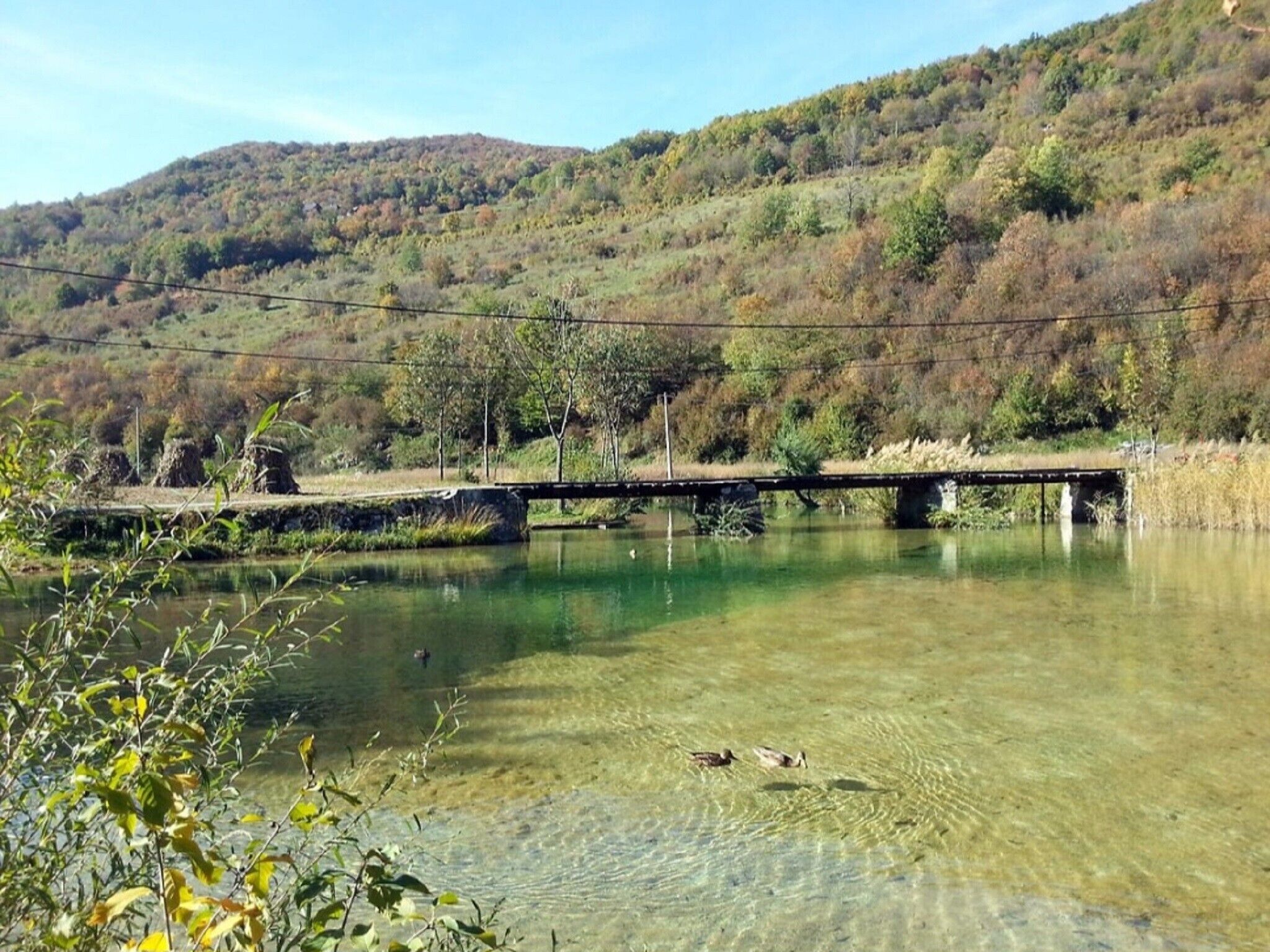 A bridge over a clear river with a forested hillside in the background.
