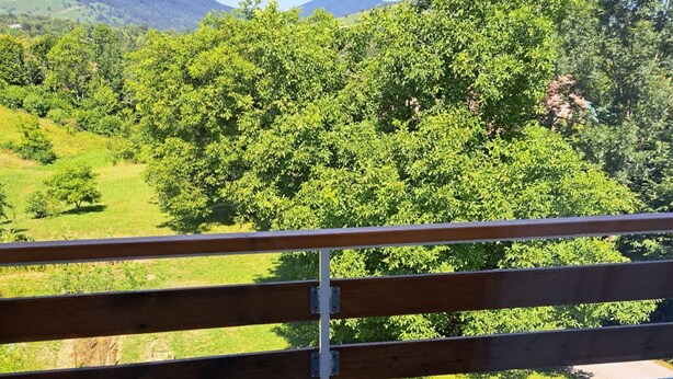 Uitzicht vanaf een balkon met houten hekwerk, uitkijkend op een weelderig groen landschap met bomen en heuvels in de verte.