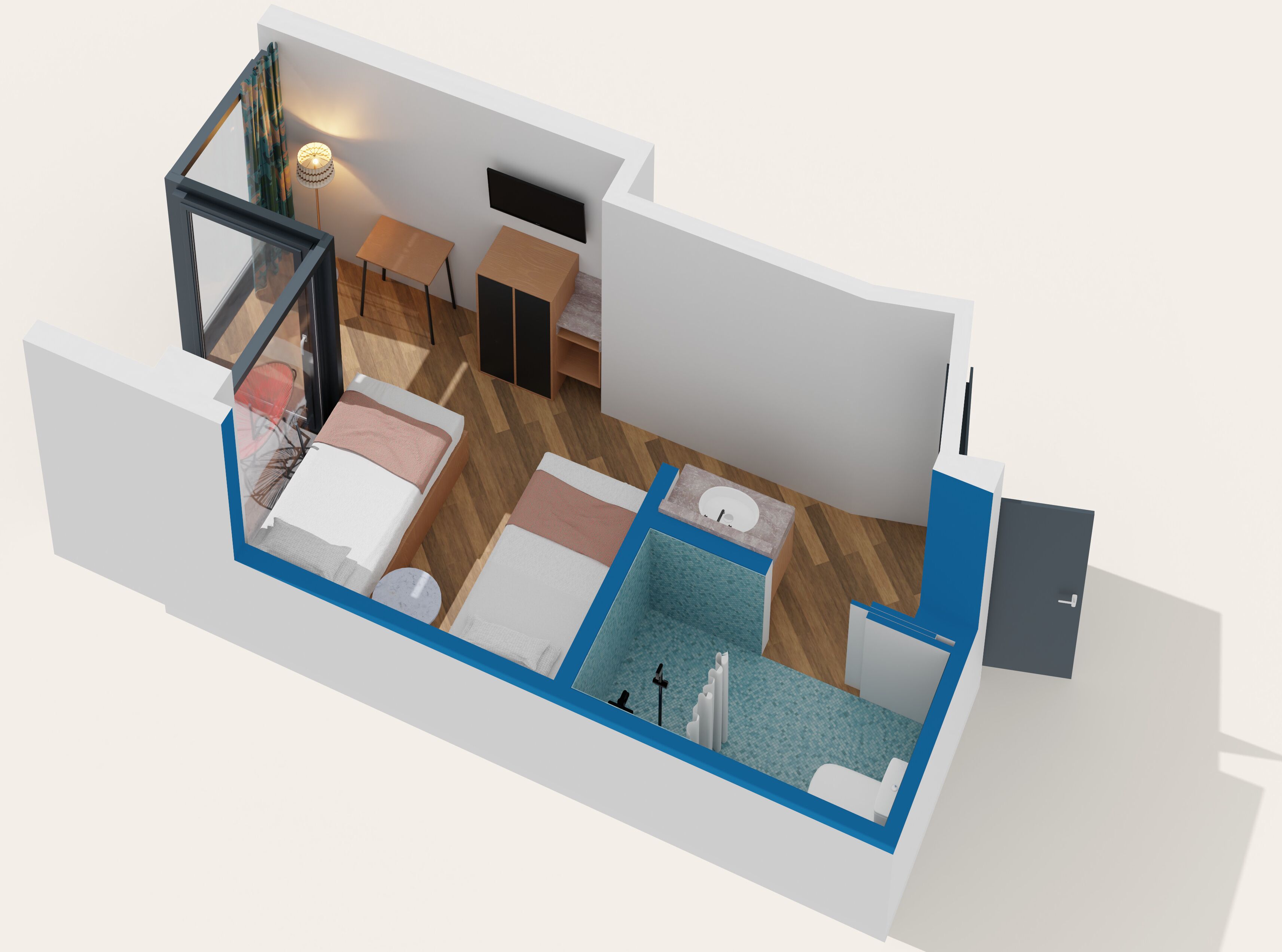 Een 3D-plattegrond van een hotelkamer met een bed, een kleine tafel, een stoel, een bureau, een kledingkast, een badkamer met een badkuip en een douche.