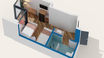 Een 3D-plattegrond van een hotelkamer met een bed, een kleine tafel, een stoel, een bureau, een kledingkast, een badkamer met een badkuip en een douche.