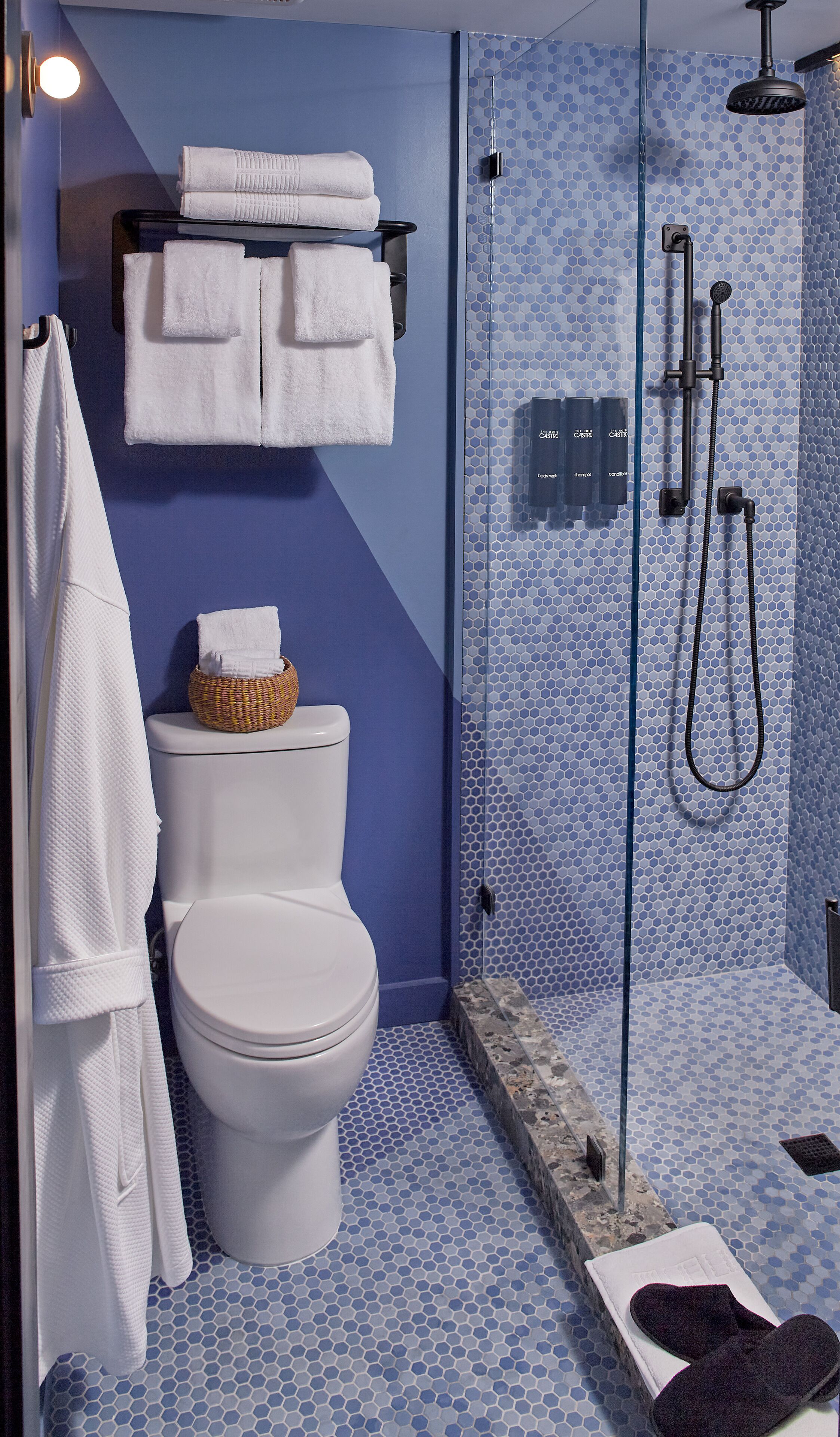 Shower, rainfall showerhead, designer toiletries, hair dryer
