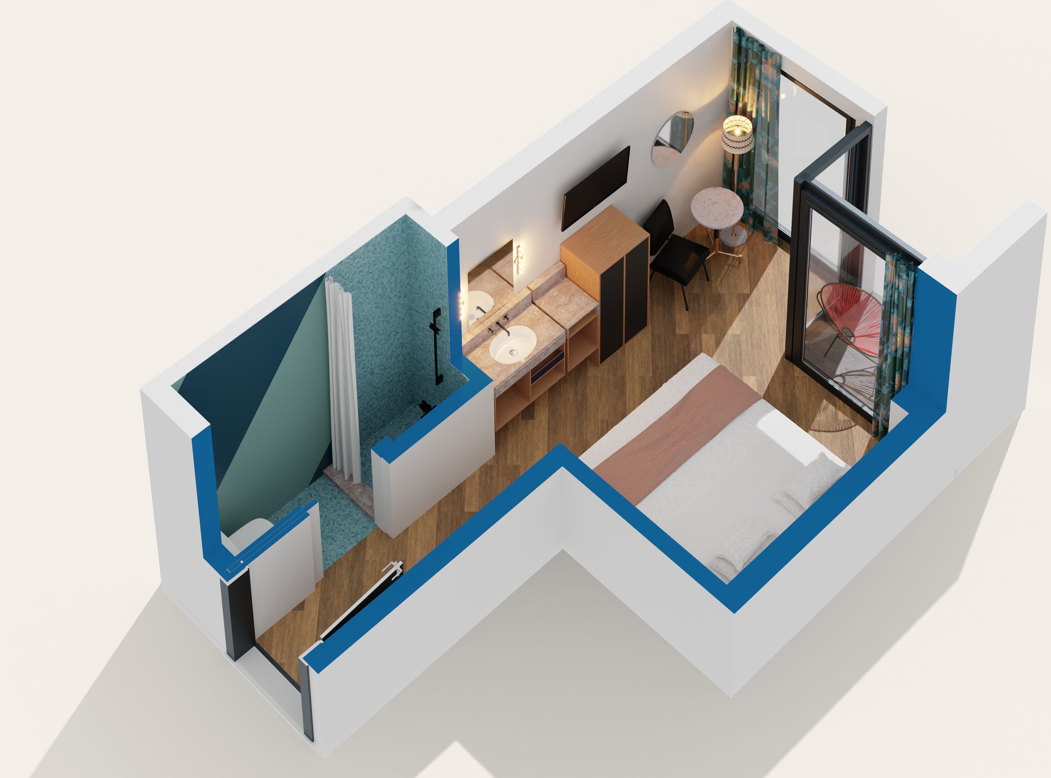 Plano de planta en 3D de una habitación de hotel moderna con baño, zona de estar con mesa y sillas, cama y un pequeño balcón.