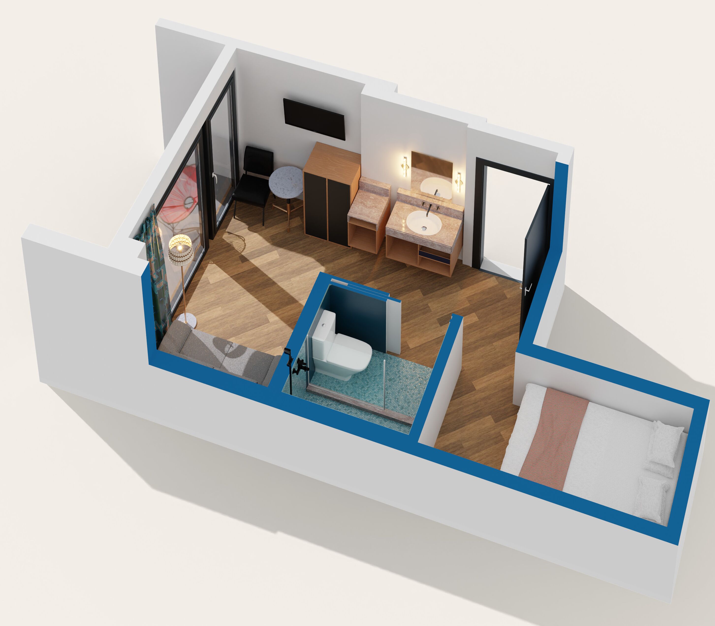 Modelo tridimensional de una habitación de hotel moderna con suelo de madera, una cama, un escritorio, una silla, una mesita, un sofá, un baño con lavamanos y espejo, y una ventana.