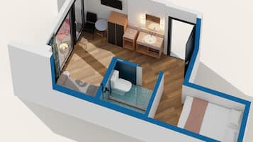 Modelo tridimensional de una habitación de hotel moderna con suelo de madera, una cama, un escritorio, una silla, una mesita, un sofá, un baño con lavamanos y espejo, y una ventana.