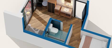 A 3D model of a modern hotel room with a wooden floor, a bed, a desk, a chair, a small table, a sofa, a bathroom with a sink and mirror, and a window.