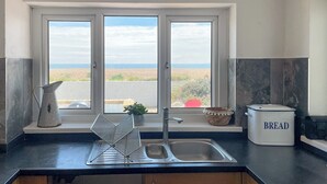 Una cocina con dos ventanas, un lavamanos, un escurreplatos metálico, un recipiente para pan y una planta en maceta.