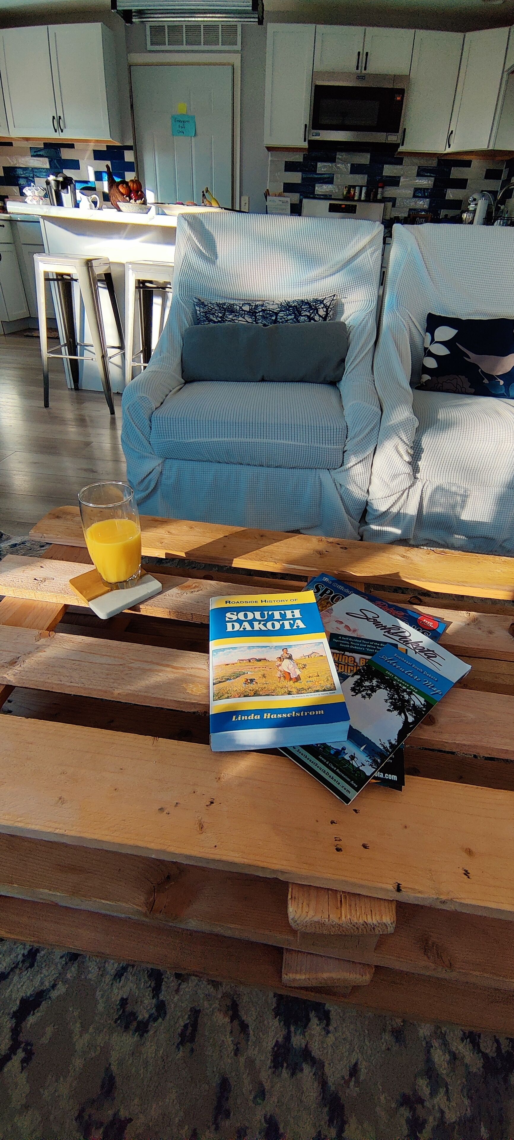Una sala de estar con un sofá, una mesa de centro con libros, y una cocina al fondo.
