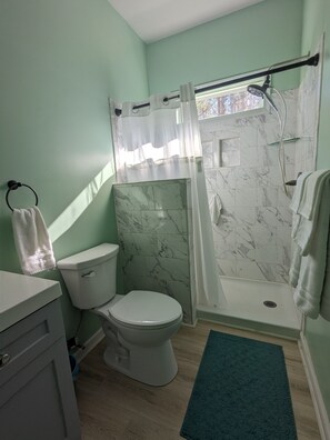 Combined shower/tub, eco-friendly toiletries, hair dryer, towels