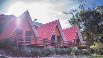 A modern building with a unique triangular roof design, surrounded by lush greenery and a mountainous backdrop.