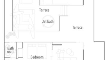 A floor plan with a pool, jet bath, terrace, bathroom, powder room, bedroom, livingroom, and WC.