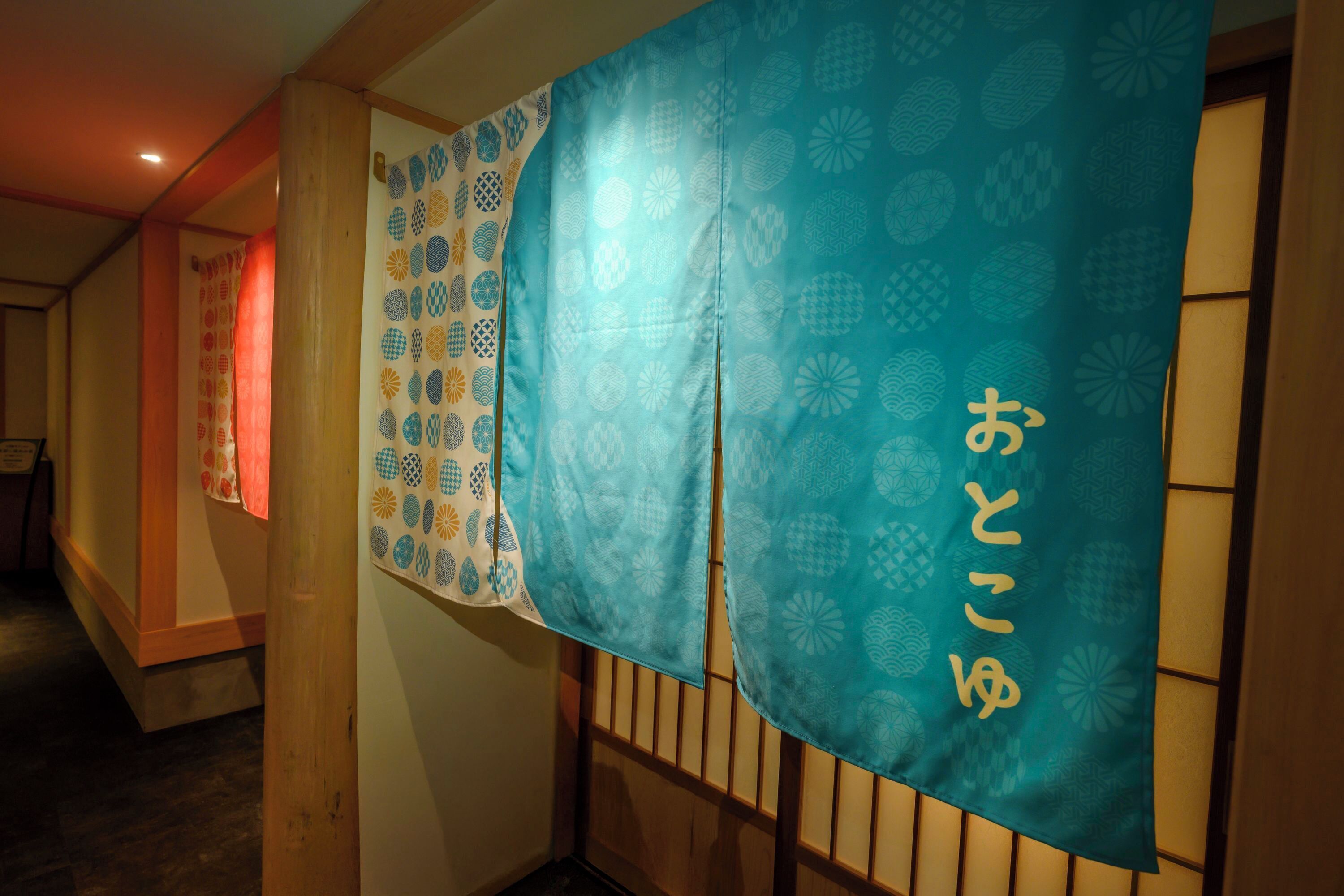 A hallway with traditional Japanese sliding doors and patterned curtains.