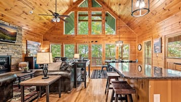 Smart TV, fireplace, video games, DVD player