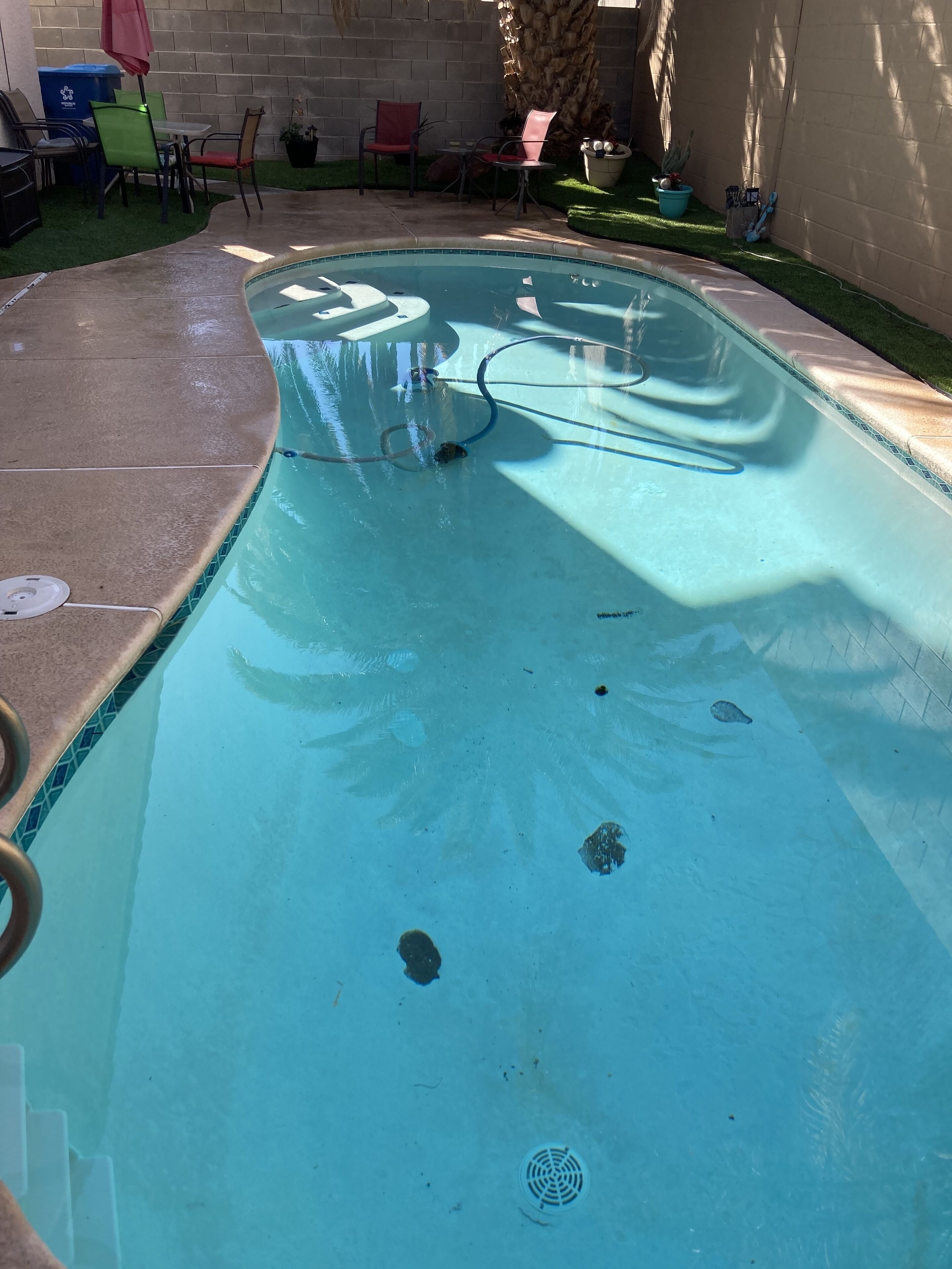 Una piscina con borde de azulejos, desagüe y manguera.