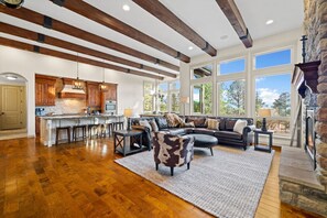 Smart TV, fireplace, foosball, books
