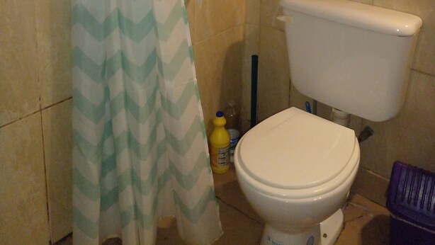 A bathroom with a toilet, a shower curtain, and toiletries on a shelf. - Hostel Piltri  (El Bolson)
