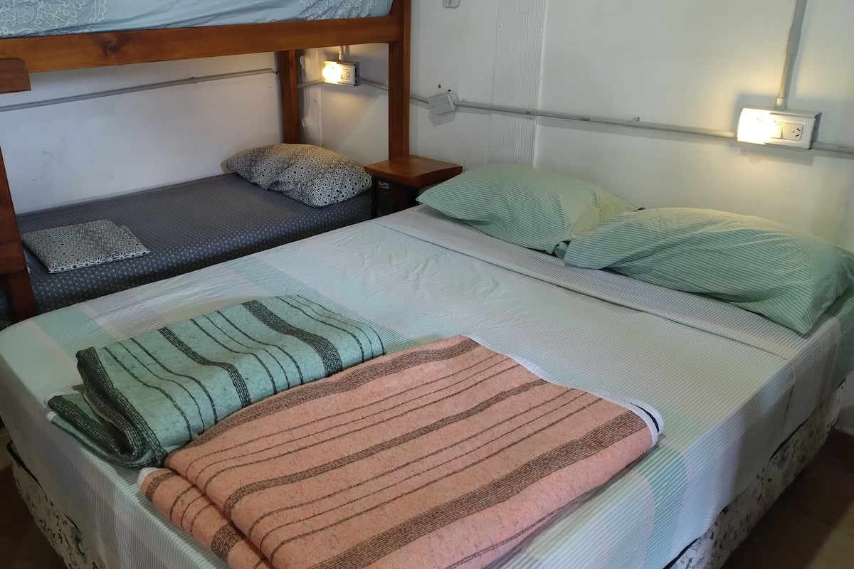 A bunk bed room with two lower beds and a top bunk. There are bedside lamps, a power outlet, and a wall-mounted light switch.
