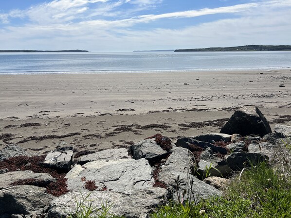 On the beach, sun-loungers