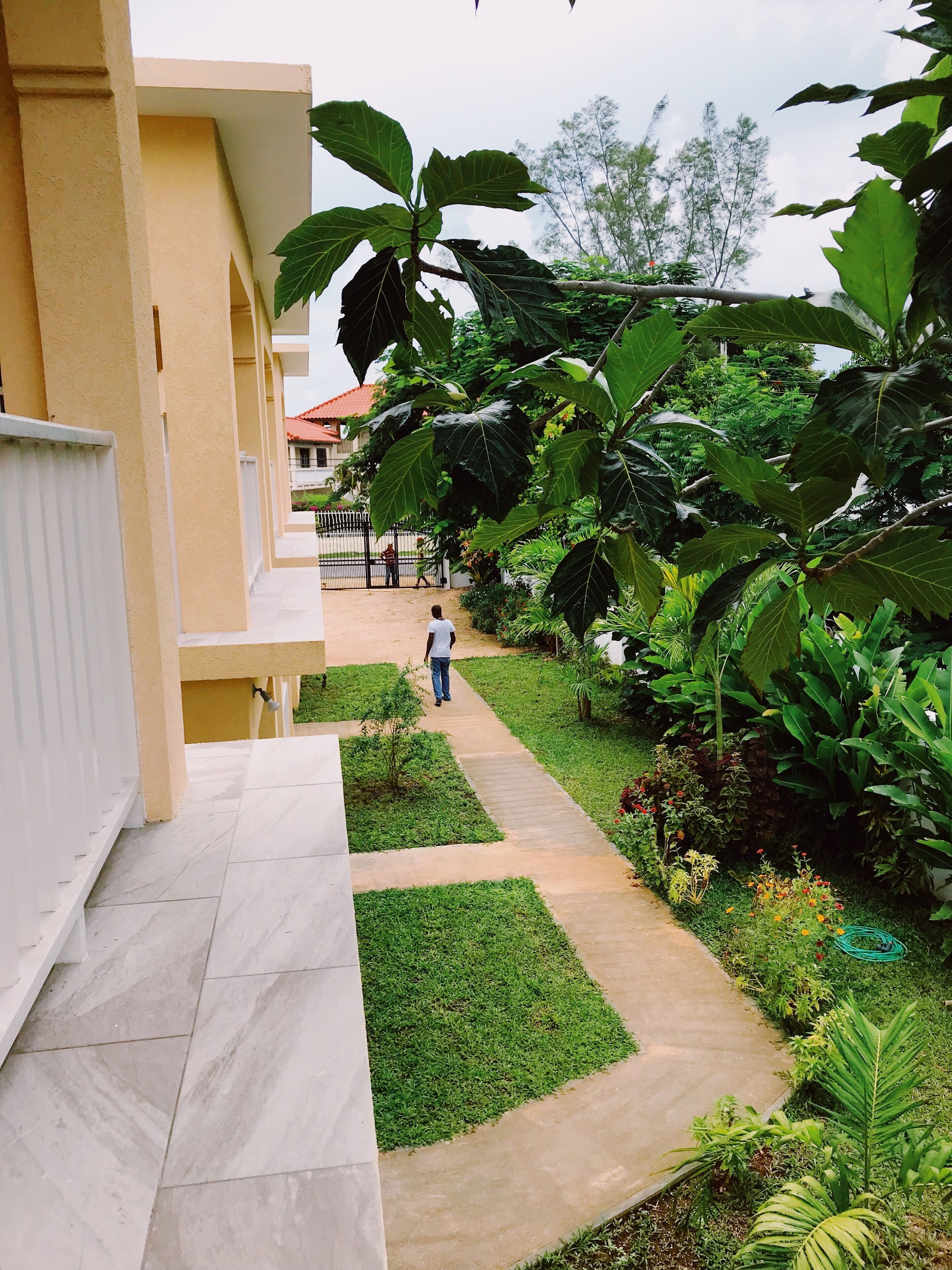 A pathway leading to a building with a yellow facade and a tiled entrance.