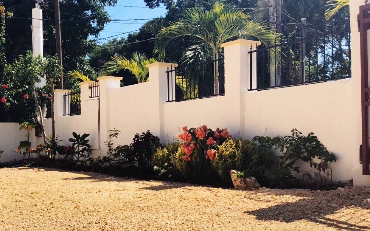 A white wall with a gated entrance, surrounded by various plants and flowers.