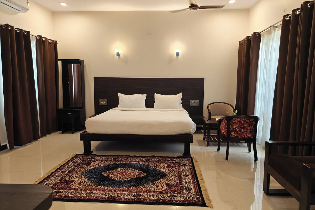 A hotel room with a large bed, a desk, a chair, a TV, and a decorative rug.