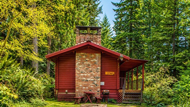 A rustic cabin with a brick chimney, a porch, and a sign labeled 'CEDAR.' - Cedar Cabin Near Mount Rainier, Cozy Forest Stay for 4 (Ashford)