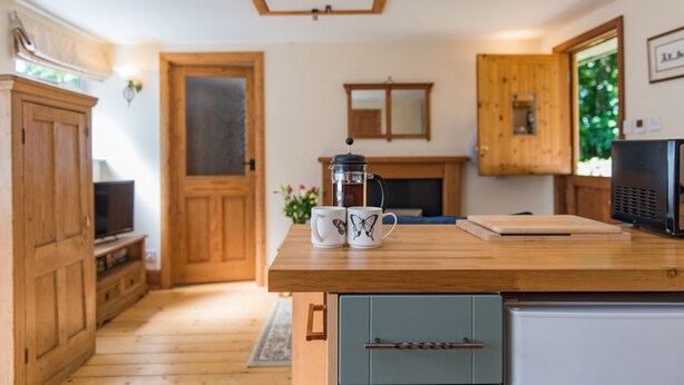 A kitchen with wooden cabinets, a coffee maker, and a television on a stand.