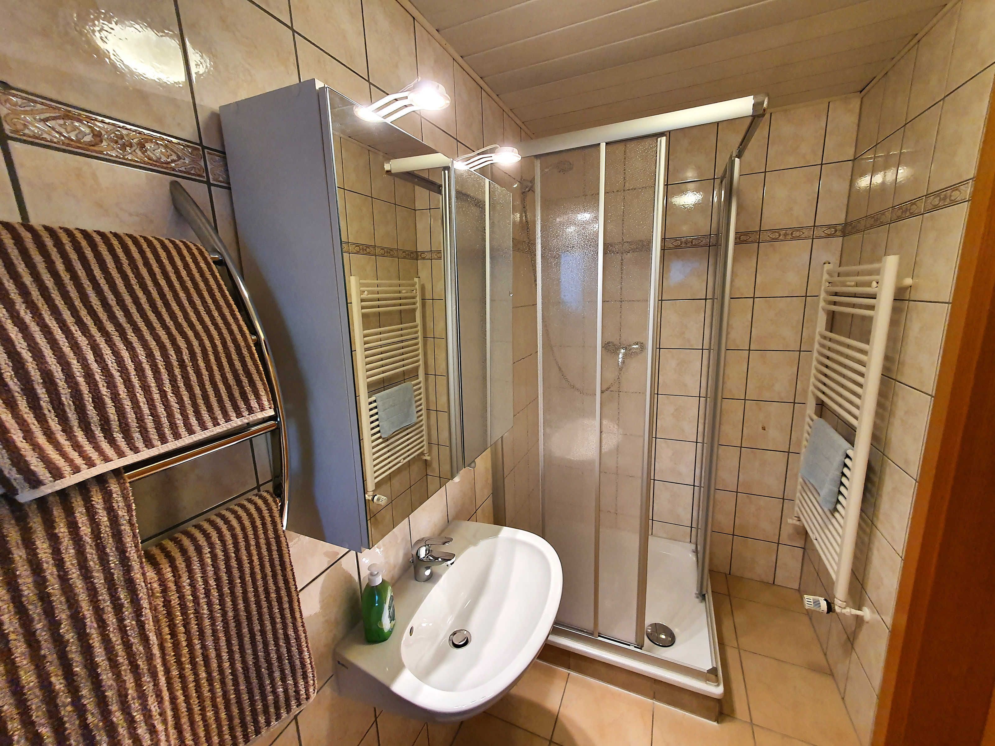 Ein Badezimmer mit Dusche, Waschbecken und Handtuchhalter.