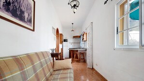Un pasillo estrecho con un sofá, una zona de cocina y una ventana con cortina.
