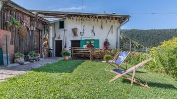 A rustic house with a wooden exterior, a small porch, and a garden area with a chair and potted plants.