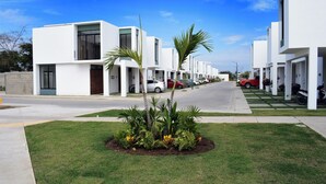 A modern residential street with white houses, parked cars, and a well-maintained lawn with tropical plants.
