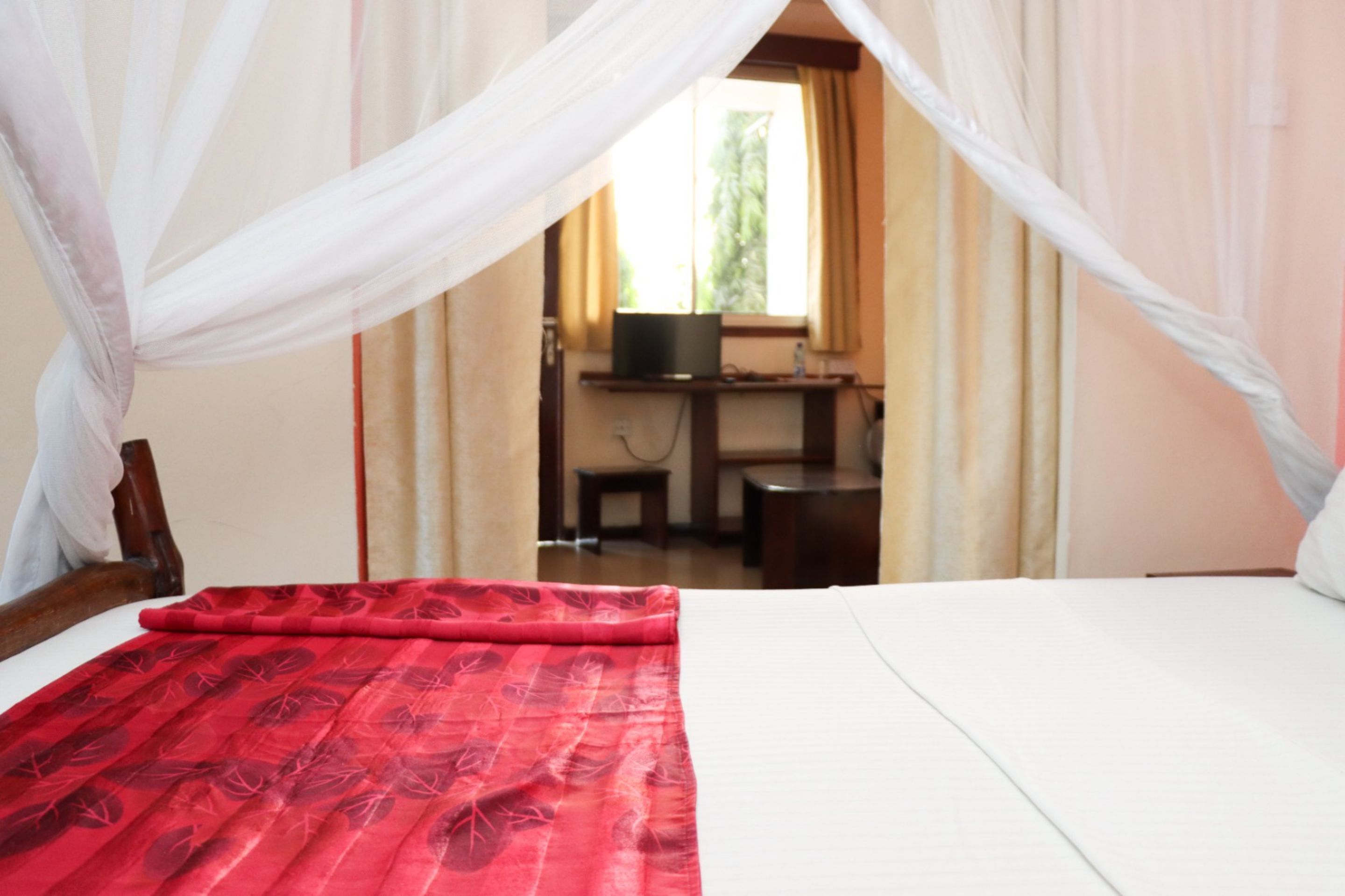 Un dormitorio con cama, escritorio y computadora.