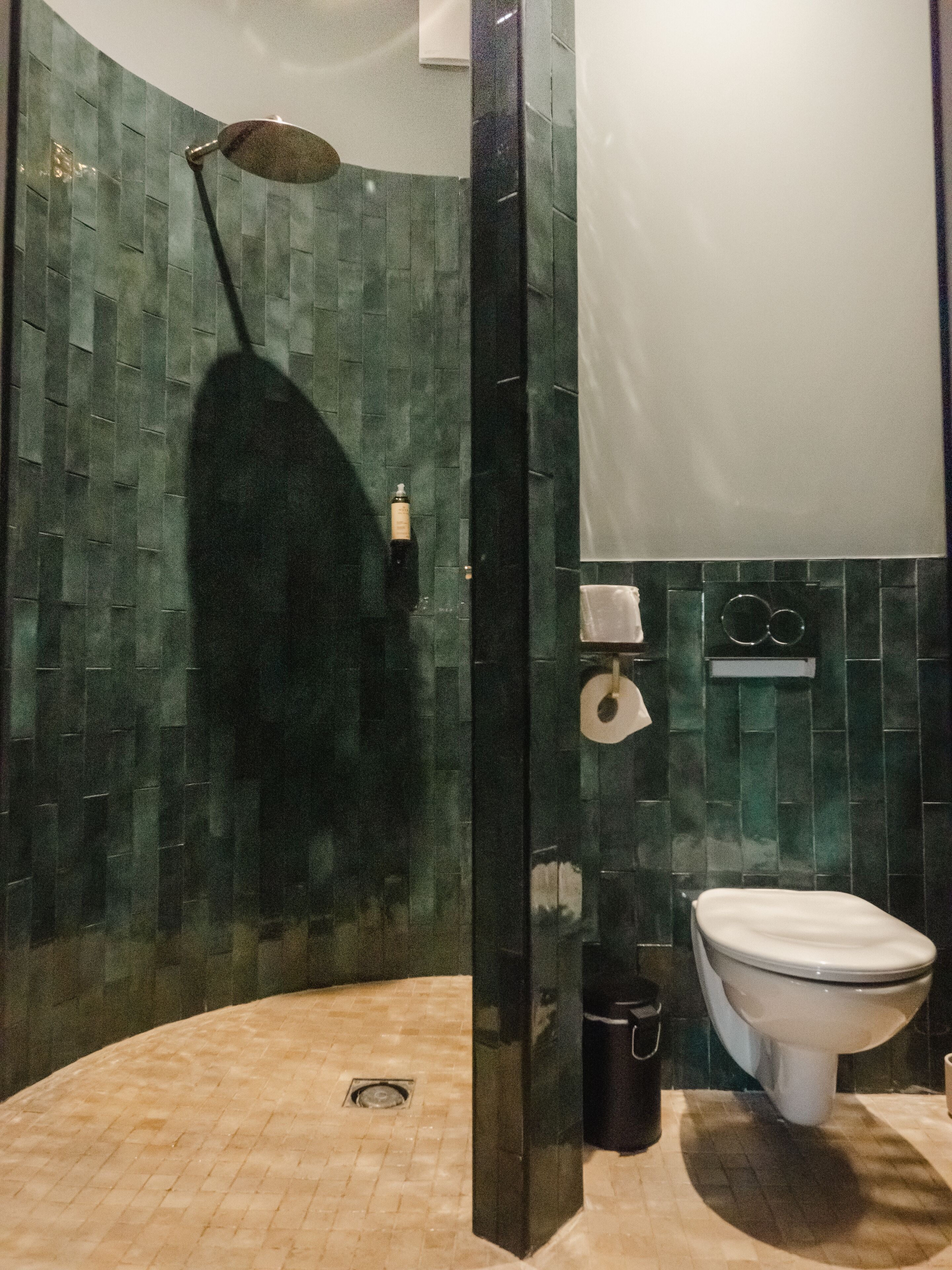A bathroom with a curved shower area, a toilet, and a sink.