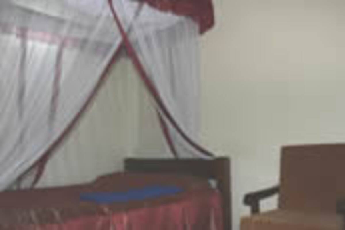 A room with a bed covered by a white canopy with red trim, a wooden headboard, and a small table with a blue object on it.