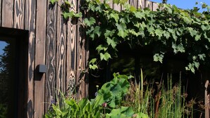 Grandes macetas de madera con diversas plantas, una cerca de madera y un cielo azul despejado.