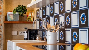 A kitchen with a sink, a coffee machine, and a shelf with a plant and kitchen utensils.