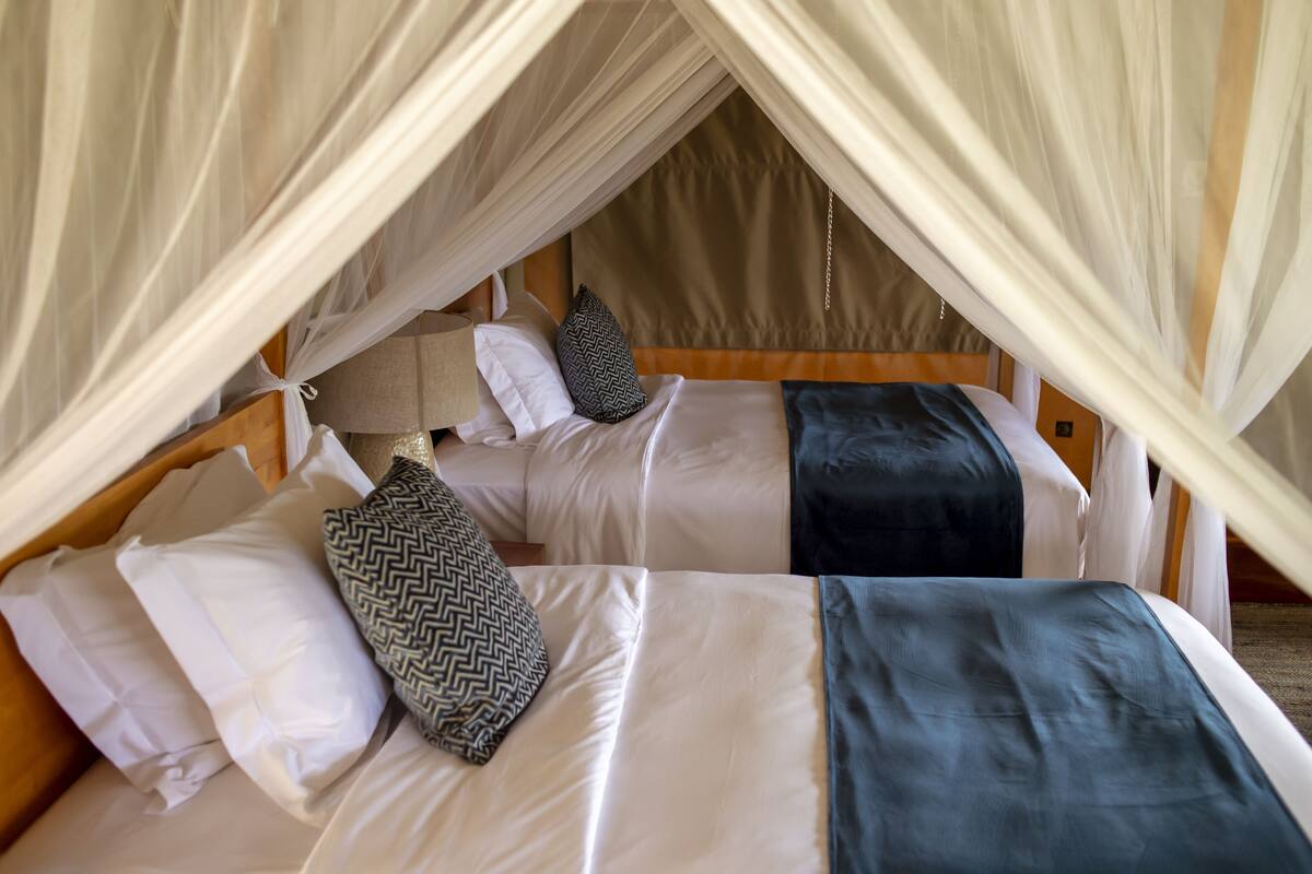 A bed with a canopy, pillows, and a blanket.