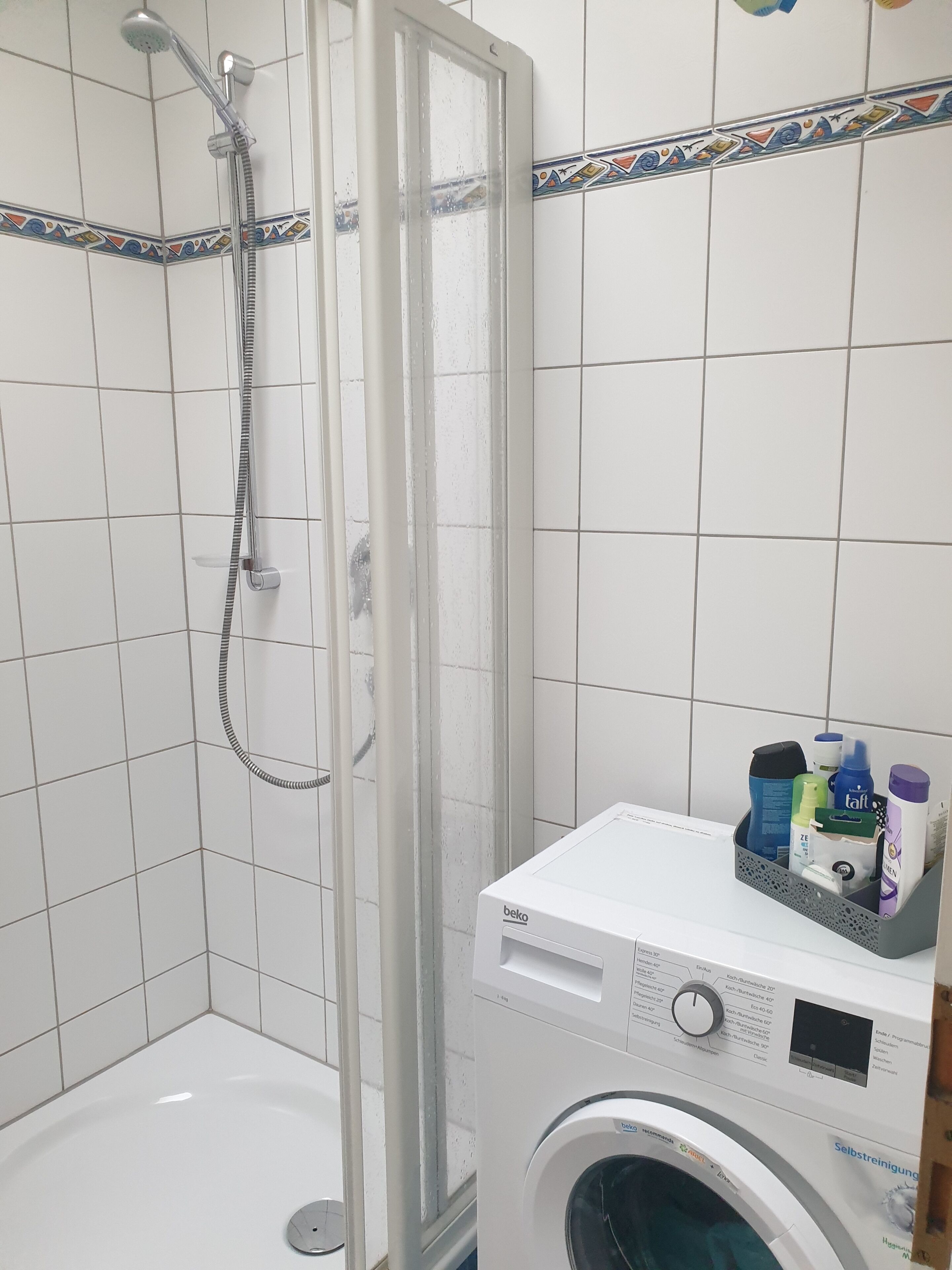 A bathroom with a shower enclosure, a washing machine, and toiletries.