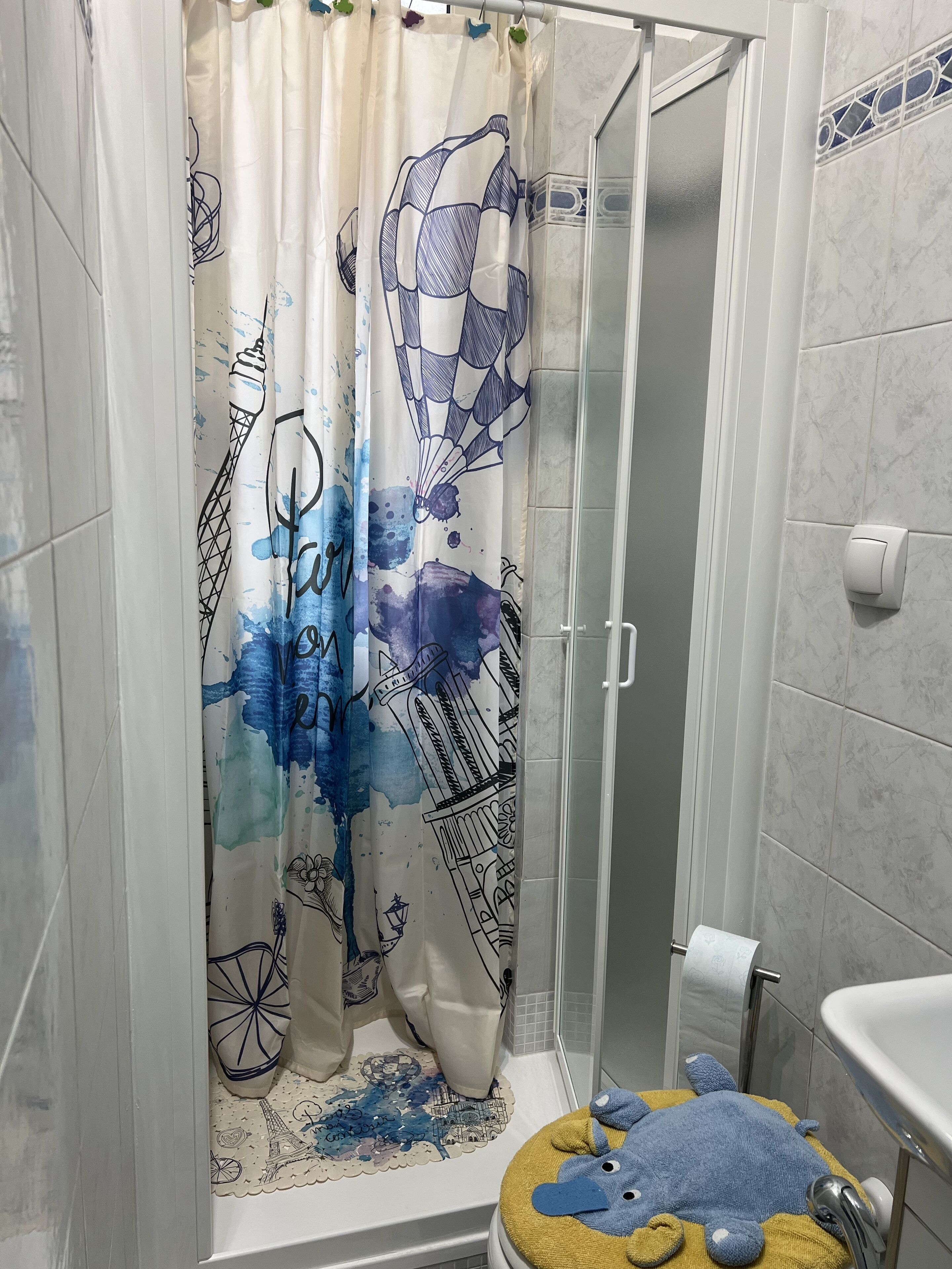 Douche, sèche-cheveux, serviettes fournies, savon