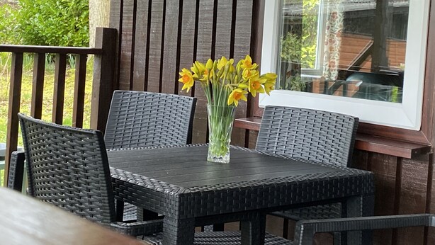 En patio med fletmøbler og en vase med påskeliljer.