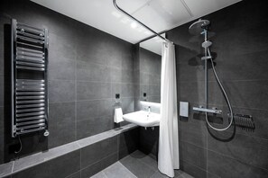 Shower, rainfall showerhead, hair dryer, towels